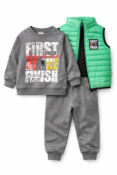ZEILKO Kids | Jungen 3-teiliges Sport-Set Weste, Sweatshirt & Jogger | Grün/Grau