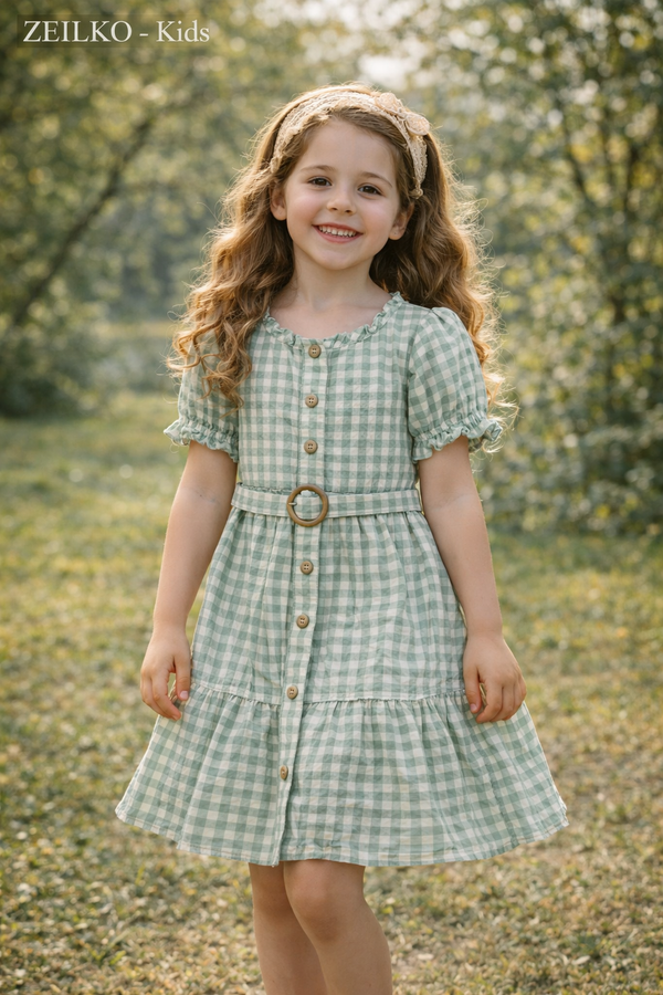 ZEILKO-Kids Mädchen Sommerkleid in Grün-Weiß kariert mit Knopfleiste, Gürtel und luftigem Schnitt für Frühling und Sommer