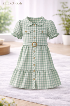 ZEILKO-Kids Mädchen Sommerkleid in Grün-Weiß kariert mit Knopfleiste, Gürtel und luftigem Schnitt für Frühling und Sommer