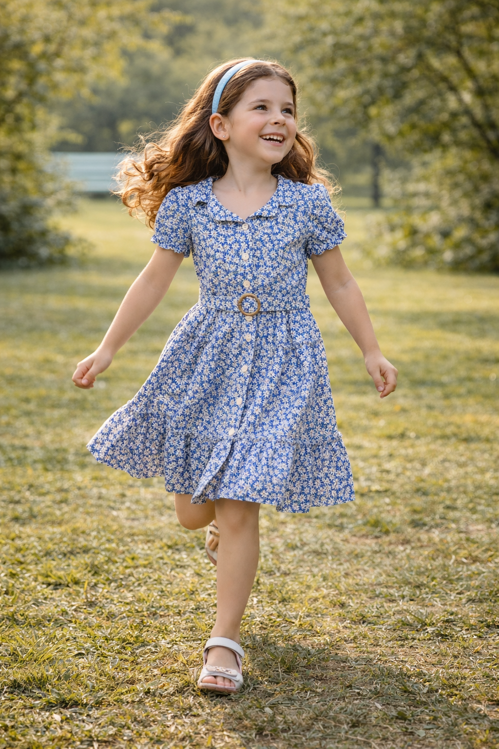 Mädchen trägt ein blaues ZEILKO-Kids Sommerkleid mit Blumenmuster und Haarband beim Spielen im sonnigen Park