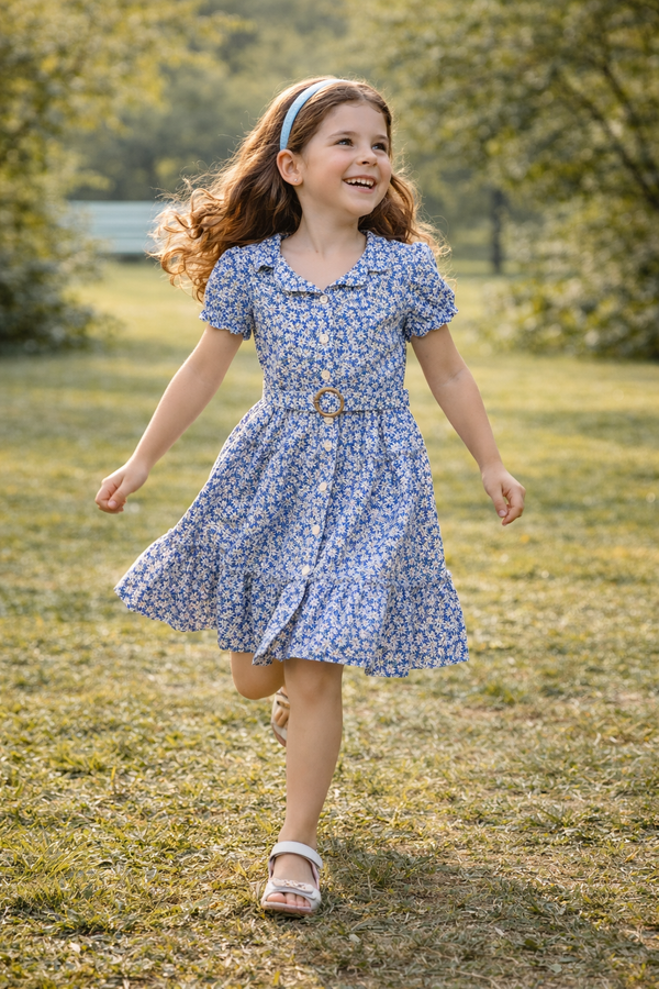 Mädchen trägt ein blaues ZEILKO-Kids Sommerkleid mit Blumenmuster und Haarband beim Spielen im sonnigen Park