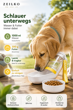 ZEILKO 2-in-1 Hunde-Reiseflasche – 1000ml Wasserreservoir und 300ml Futterfach, auslaufsicher für unterwegs