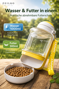 ZEILKO 2-in-1 Hunde-Reiseflasche – 1000ml Wasserreservoir und 300ml Futterfach, auslaufsicher für unterwegs