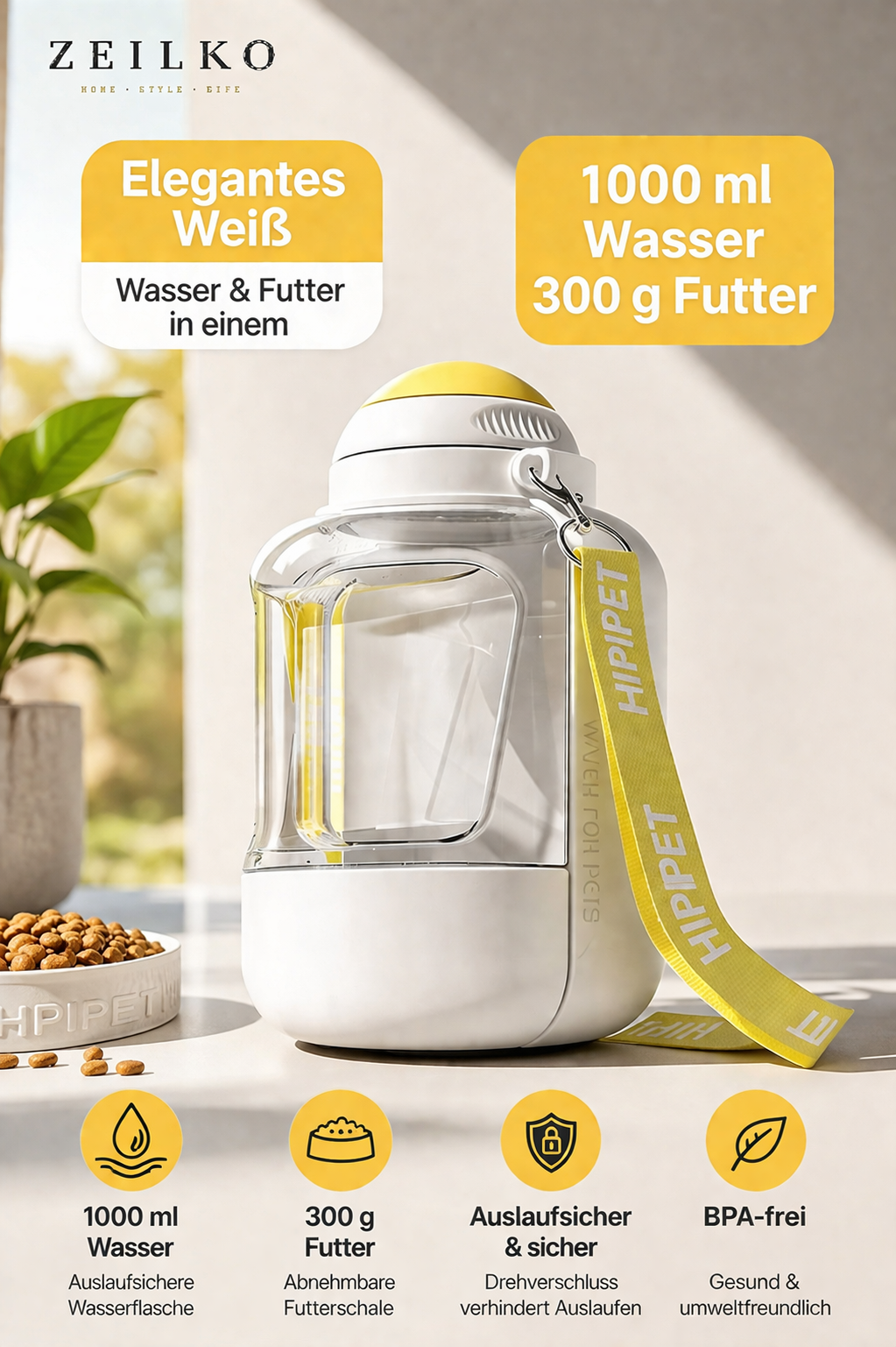 ZEILKO 2-in-1 Hunde-Reiseflasche – 1000ml Wasserreservoir und 300ml Futterfach, auslaufsicher für unterwegs