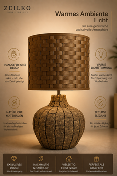ZEILKO AuraWood Tischlampe Frontansicht – warmes Ambientelicht, handgefertigtes Design aus natürlichen Materialien