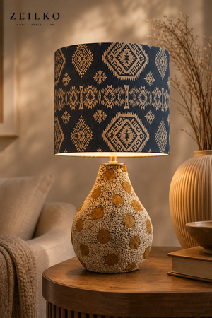 ZEILKO AuraWood Glow Tischlampe auf Holztisch – Stoffschirm mit warmweißem Ambientelicht im Boho-Wohnzimmer-Stil
