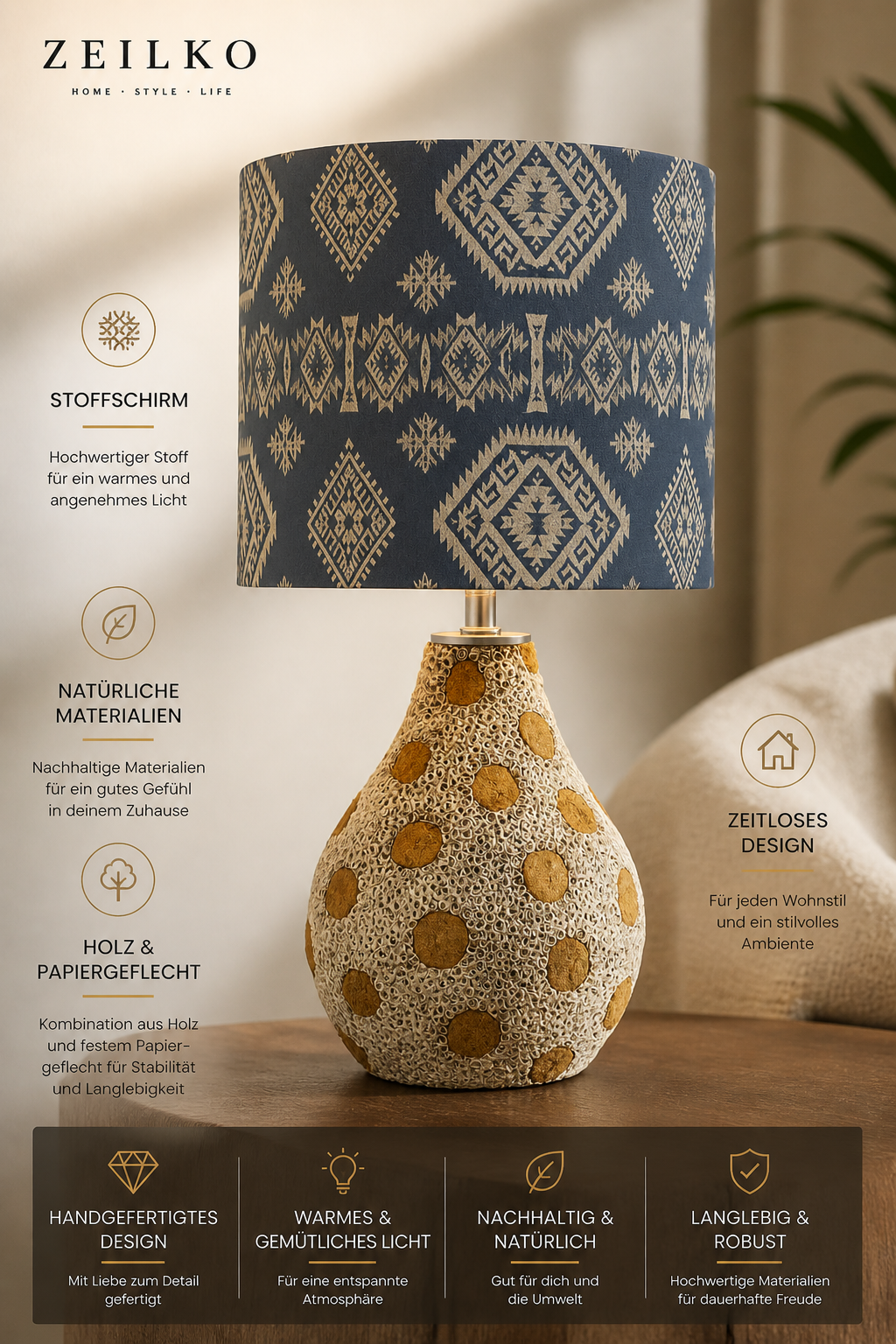 ZEILKO AuraWood Glow Tischlampe auf Holztisch – Stoffschirm mit warmweißem Ambientelicht im Boho-Wohnzimmer-Stil
