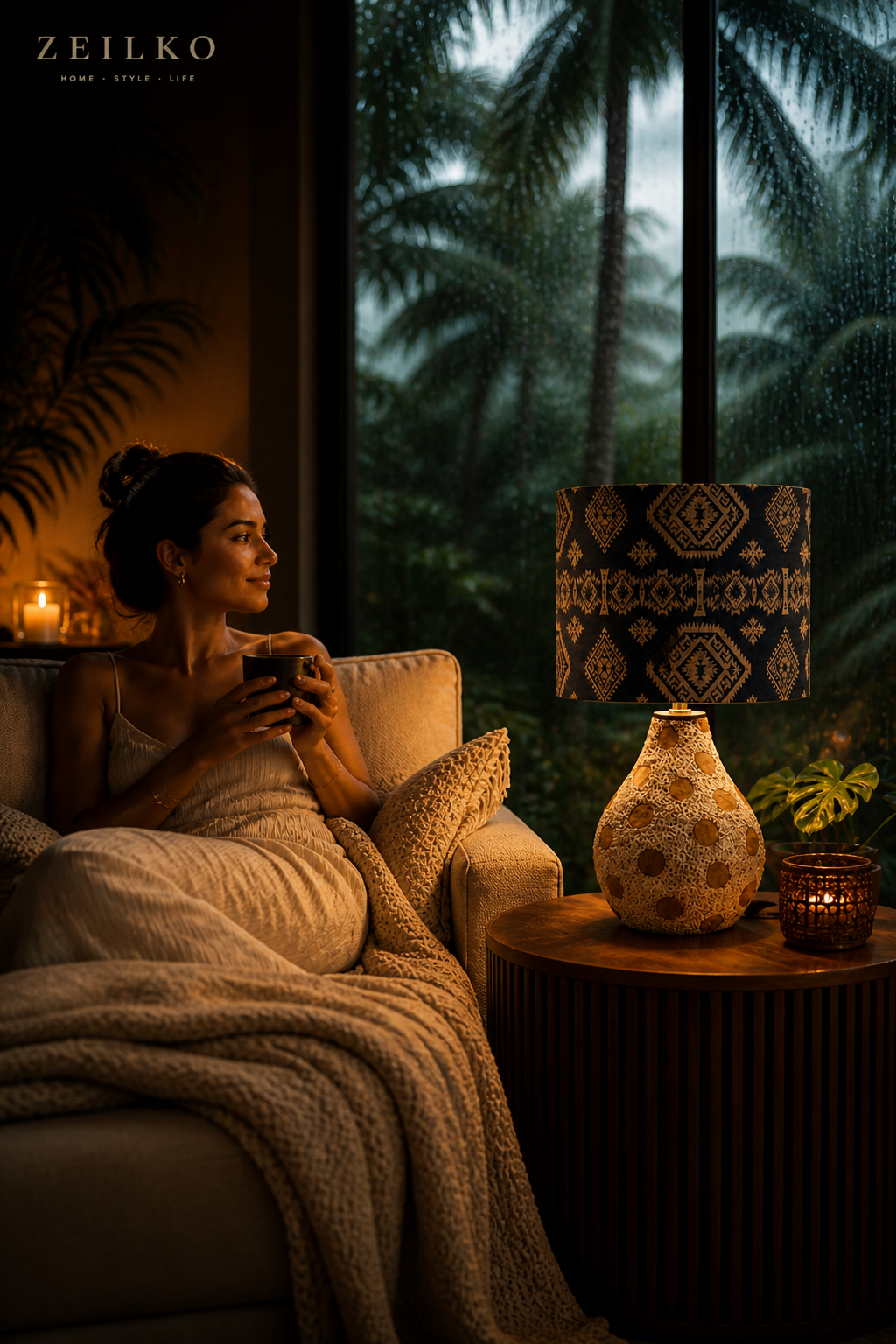 ZEILKO AuraWood Glow Tischlampe auf Holztisch – Stoffschirm mit warmweißem Ambientelicht im Boho-Wohnzimmer-Stil