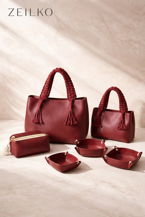 ZEILKO 3-teiliges Taschen-Set in Weinrot Bordeaux – Boho-Stil mit geflochtenen Makramee-Henkeln