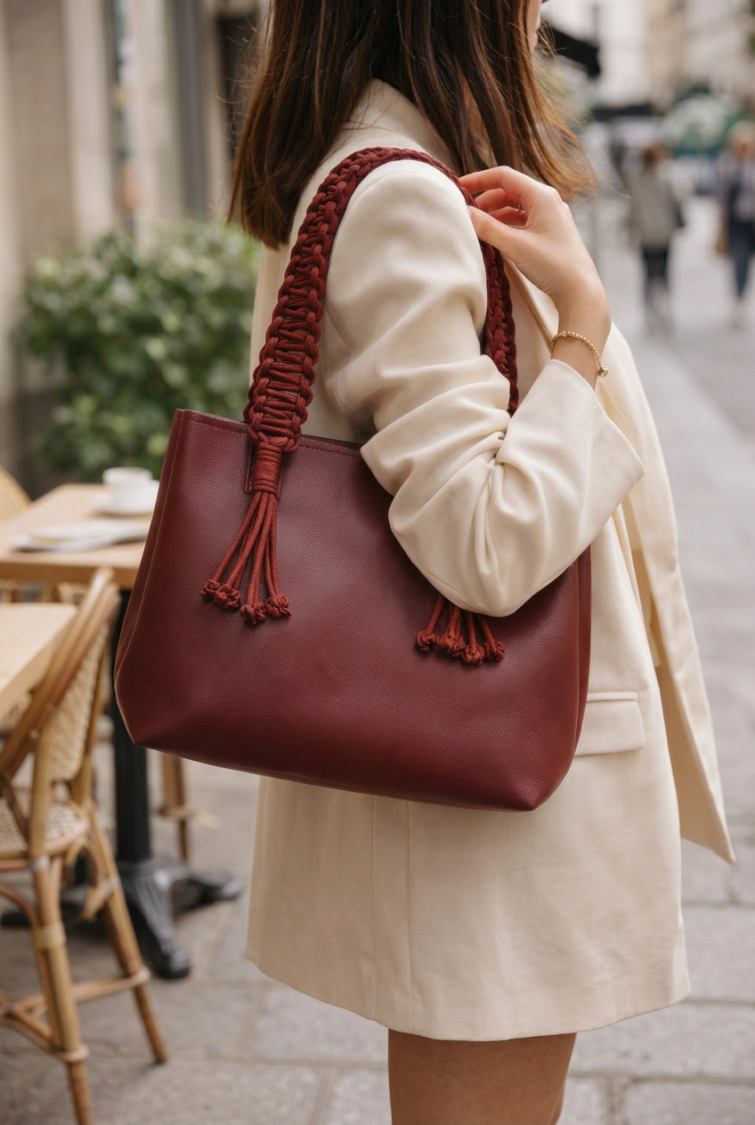 ZEILKO 3-teiliges Taschen-Set in Weinrot Bordeaux – Boho-Stil mit geflochtenen Makramee-Henkeln