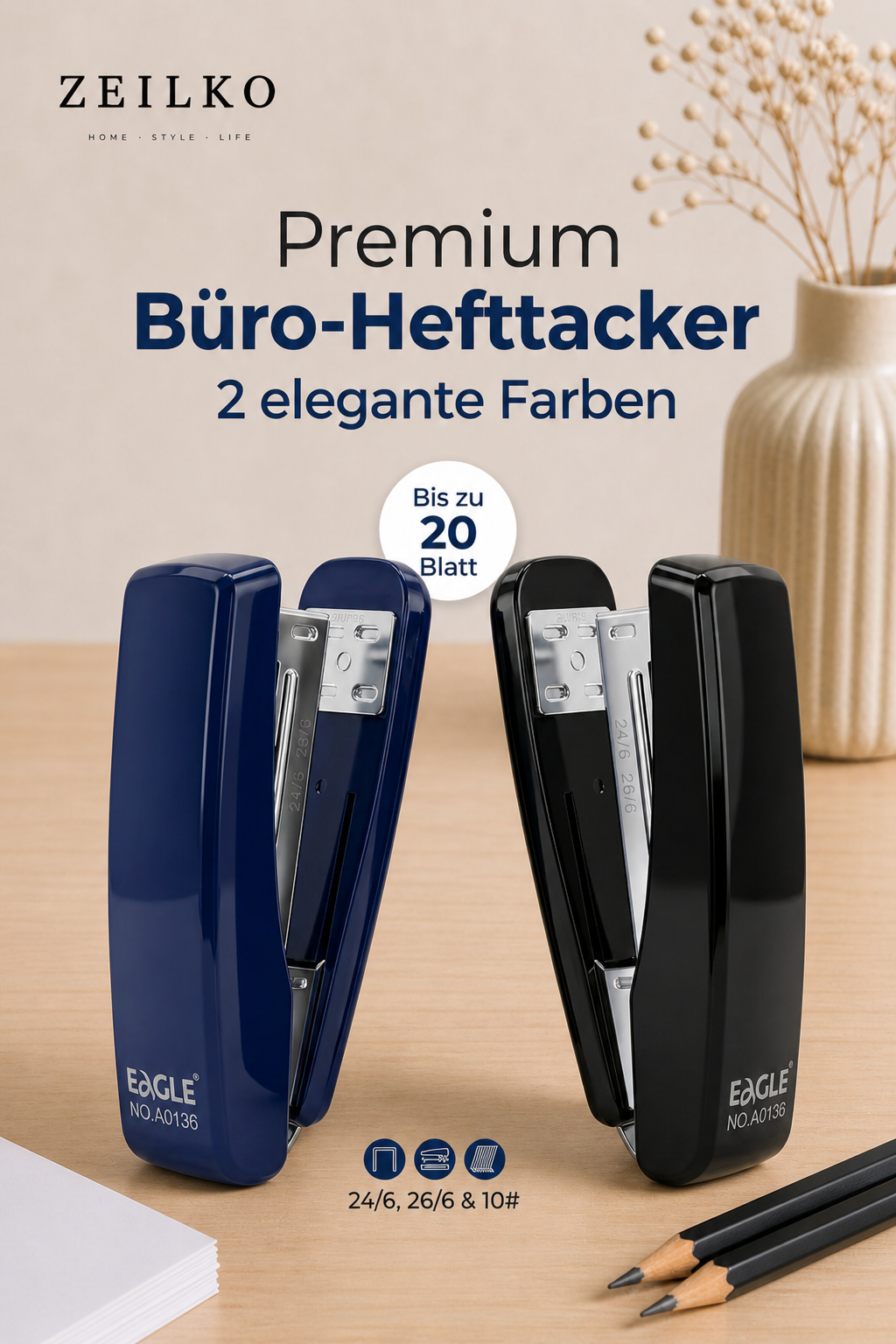 ZEILKO ClassicTac Premium Hefttacker in Schwarz – für Klammern 24/6, 26/6 und 10#, bis 20 Blatt