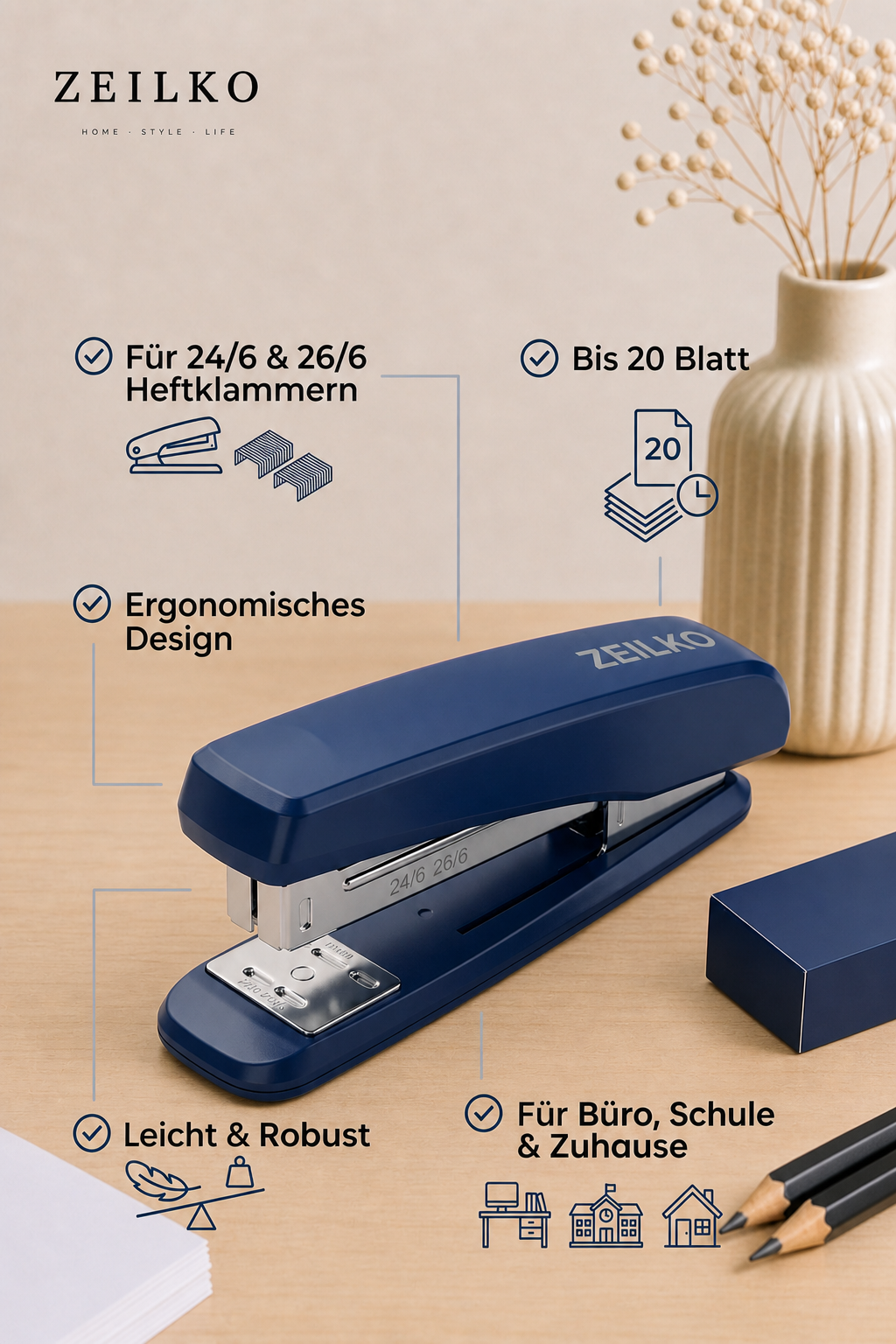 ZEILKO ClassicTac Premium Hefttacker in Schwarz – für Klammern 24/6, 26/6 und 10#, bis 20 Blatt