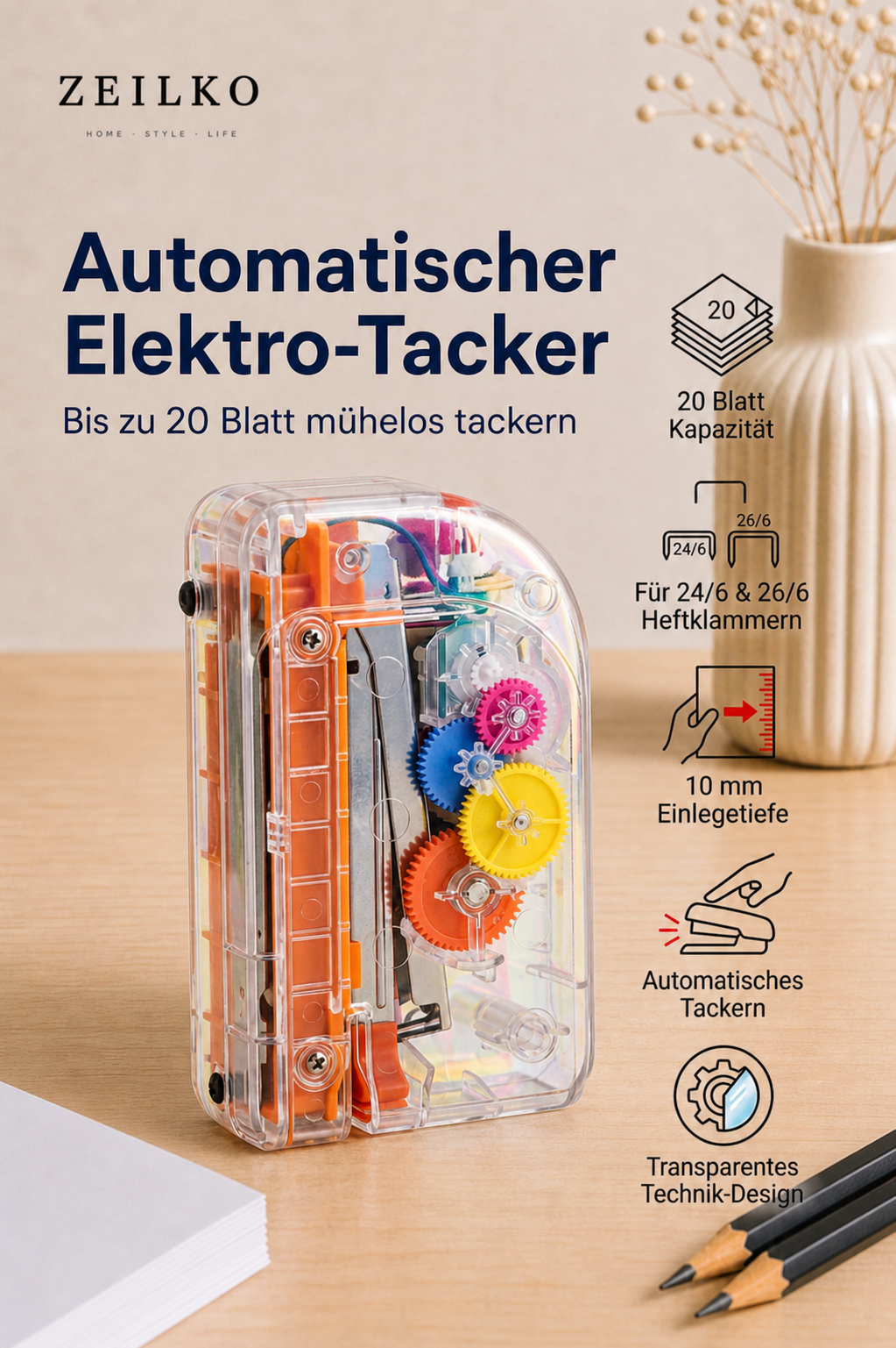 ZEILKO automatischer Elektro-Tacker transparent für bis zu 20 Blatt mit 10 mm Einlegetiefe und kompatibel mit 24/6 und 26/6 Heftklammern
