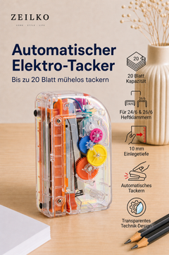 ZEILKO automatischer Elektro-Tacker transparent für bis zu 20 Blatt mit 10 mm Einlegetiefe und kompatibel mit 24/6 und 26/6 Heftklammern