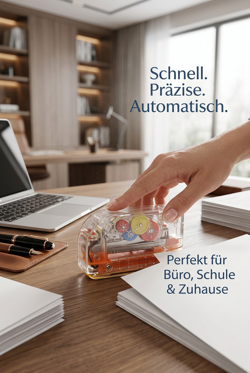 ZEILKO ClearTac Pro automatischer Elektro-Tacker mit transparentem Design, sichtbarer Mechanik und Bleistiften auf modernem Schreibtisch