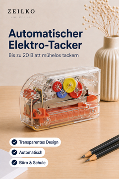 ZEILKO ClearTac Pro automatischer Elektro-Tacker mit transparentem Design, sichtbarer Mechanik und Bleistiften auf modernem Schreibtisch
