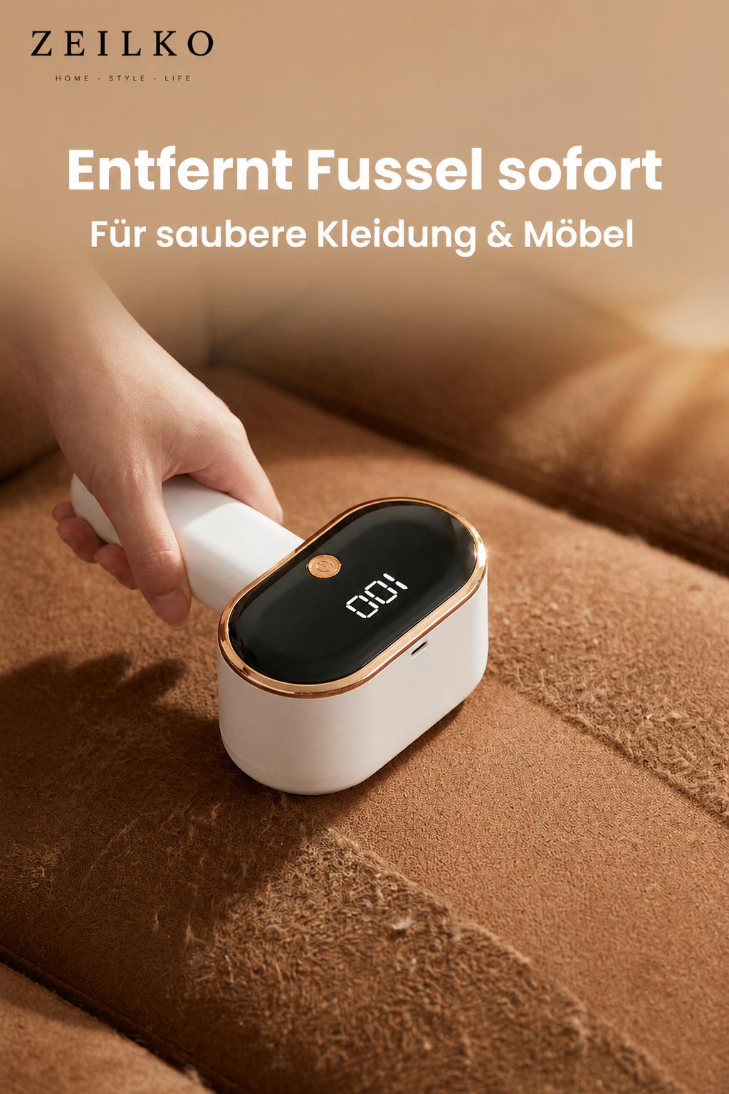 ZEILKO Doppelkopf Fusselentferner in Weiß – 12 Klingen, Smart Display und USB-C Aufladung für alle Stoffarten