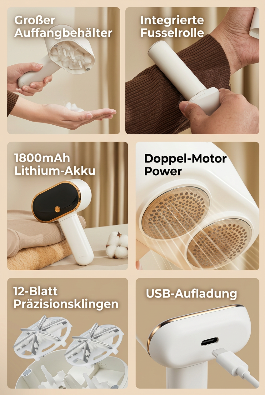 ZEILKO Doppelkopf Fusselentferner in Weiß – 12 Klingen, Smart Display und USB-C Aufladung für alle Stoffarten