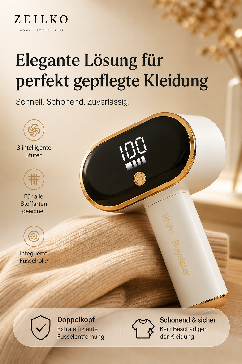 ZEILKO Doppelkopf Fusselentferner in Weiß – 12 Klingen, Smart Display und USB-C Aufladung für alle Stoffarten