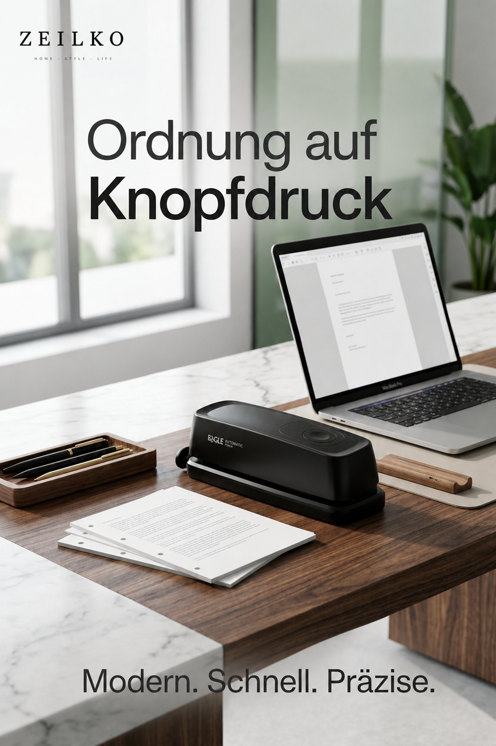 ZEILKO automatischer 3-Loch-Locher schwarz für bis zu 20 Blatt mit 7 mm Lochdurchmesser, Auffangschale und Stromversorgung