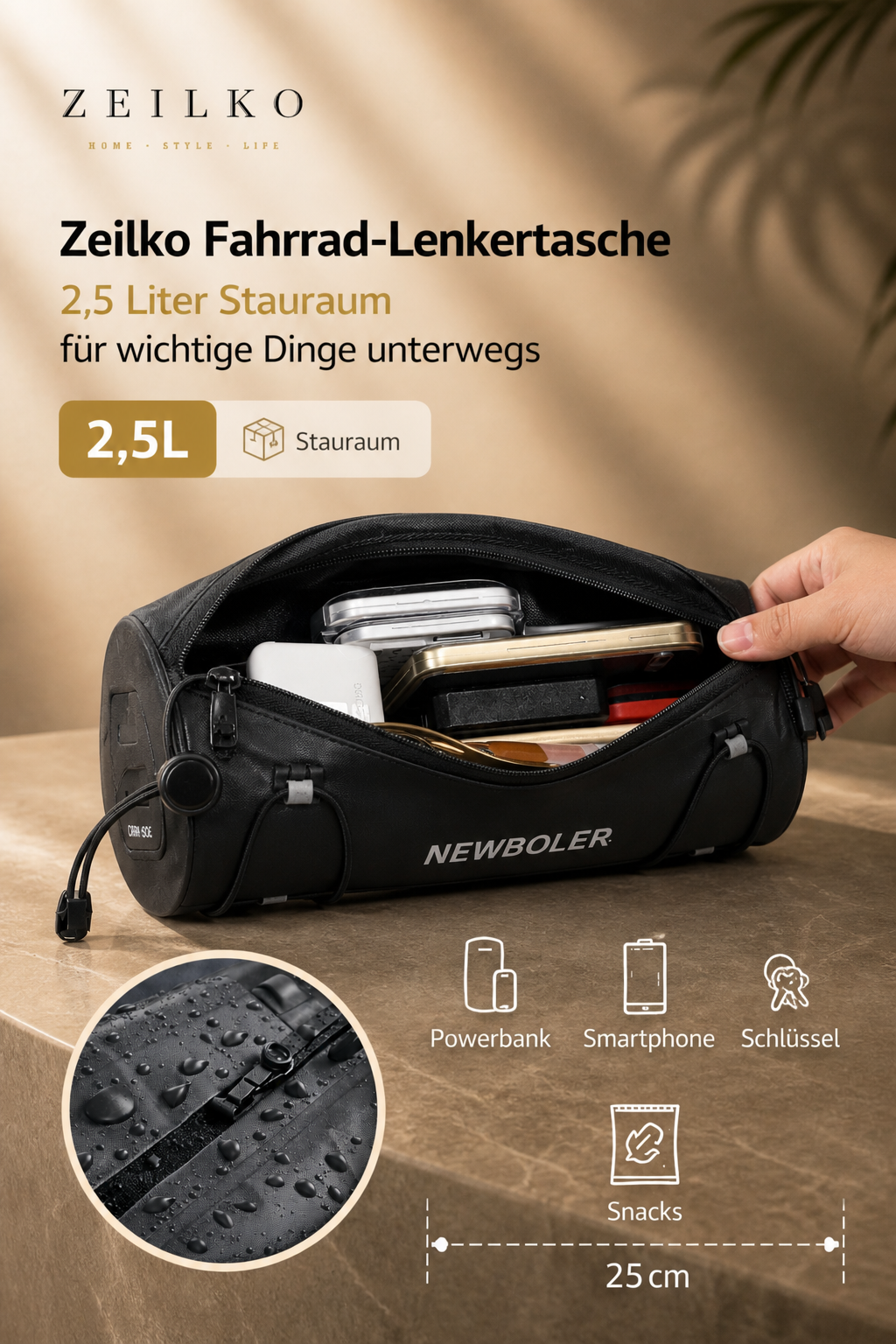 ZEILKO Fahrrad-Lenkertasche 2,5 Liter in Schwarz – 100% wasserdicht, vielseitig am Lenker oder Rahmen montierbar
