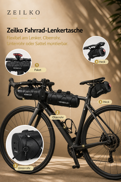 ZEILKO Fahrrad-Lenkertasche 2,5 Liter in Schwarz – 100% wasserdicht, vielseitig am Lenker oder Rahmen montierbar