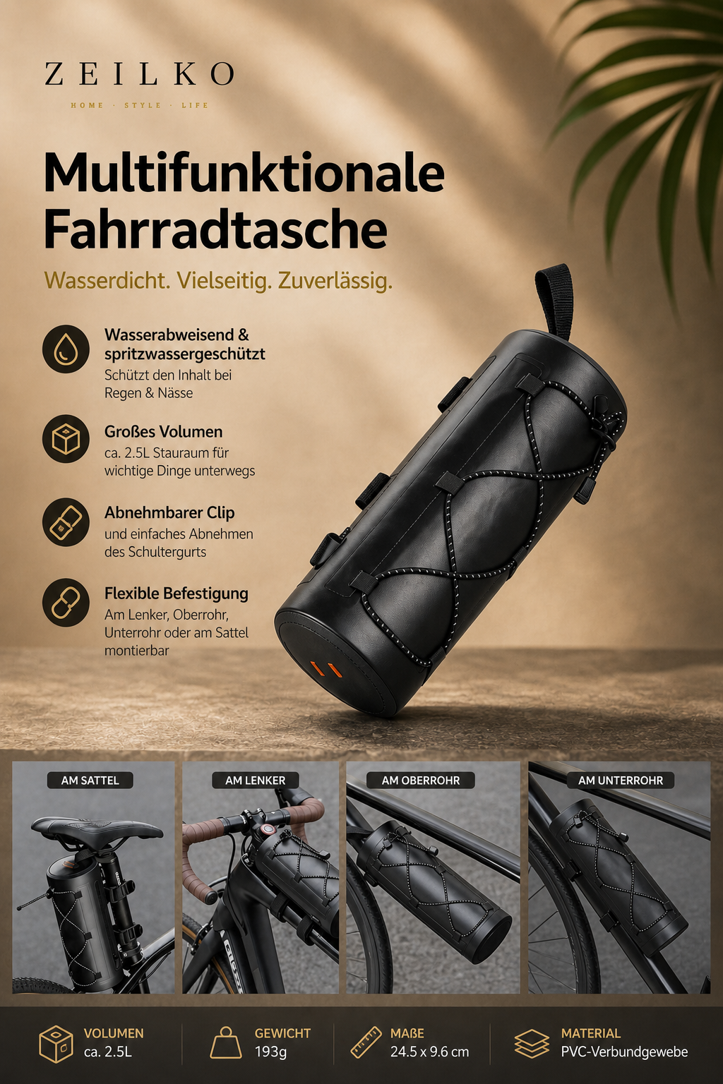ZEILKO Fahrrad-Lenkertasche 2,5 Liter in Schwarz – 100% wasserdicht, vielseitig am Lenker oder Rahmen montierbar