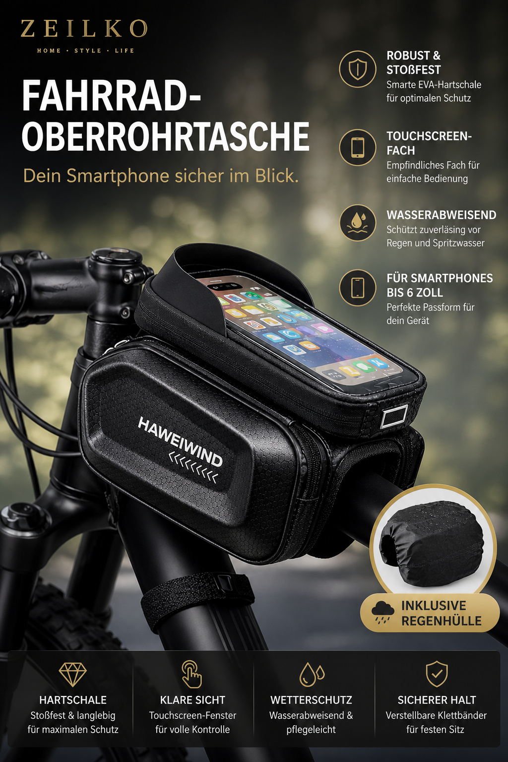 ZEILKO Fahrrad-Oberrohrtasche mit EVA-Hartschale und Handyfach – Touchscreen-kompatibel und regenschutzgeprüft