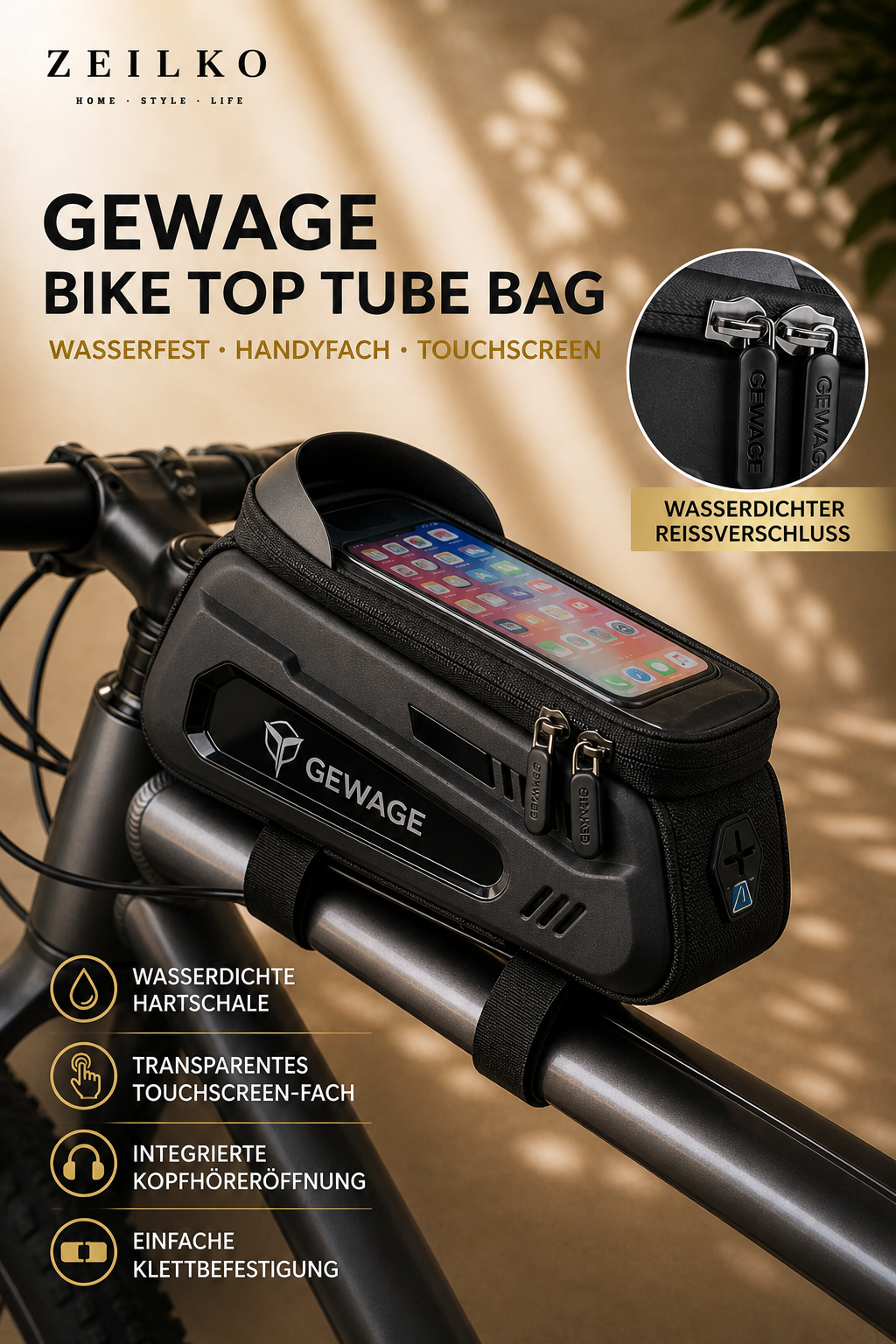 ZEILKO Fahrrad-Oberrohrtasche mit integriertem Handyhalter, Touchscreen-Schutz und Sonnenblende