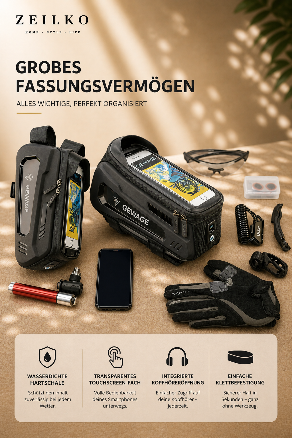 ZEILKO Fahrrad-Oberrohrtasche mit integriertem Handyhalter, Touchscreen-Schutz und Sonnenblende
