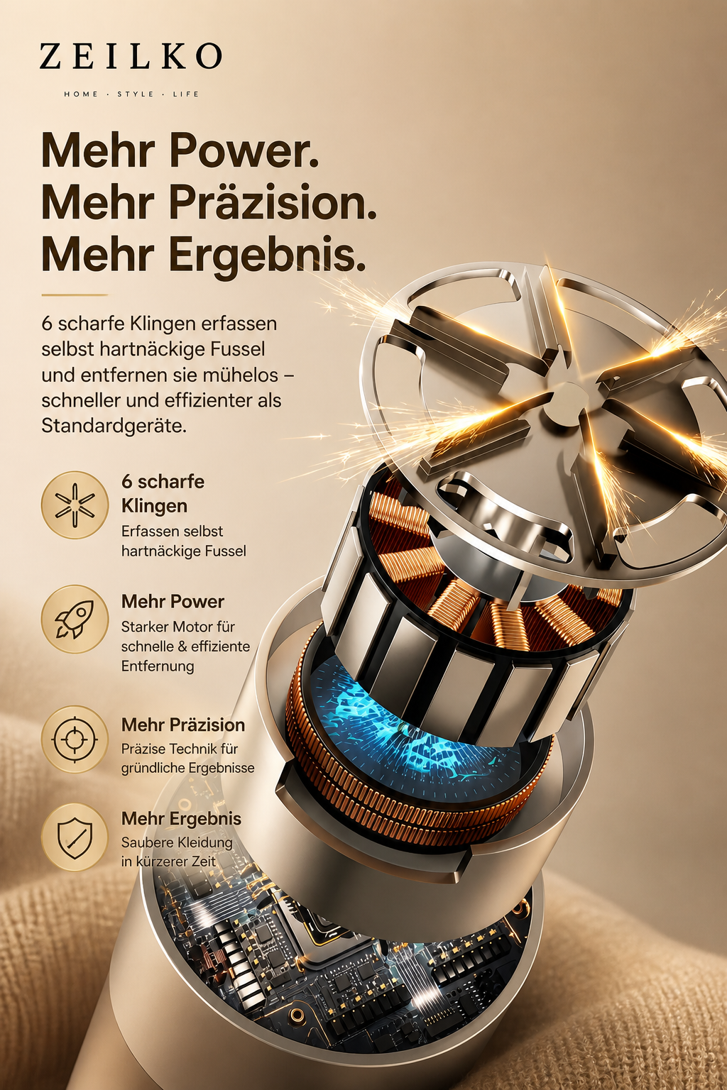 ZEILKO elektrischer Fusselentferner mit 6 Klingen, Titan-Schutzgitter und LCD-Display für präzise Textilpflege