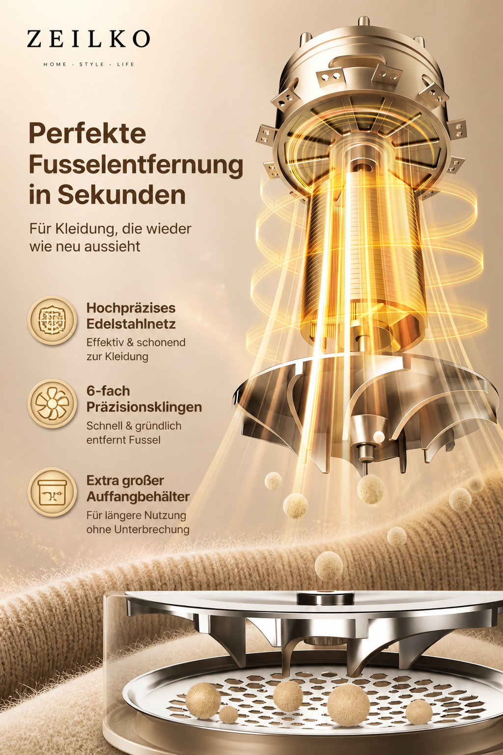 ZEILKO elektrischer Fusselentferner mit 6 Klingen, Titan-Schutzgitter und LCD-Display für präzise Textilpflege
