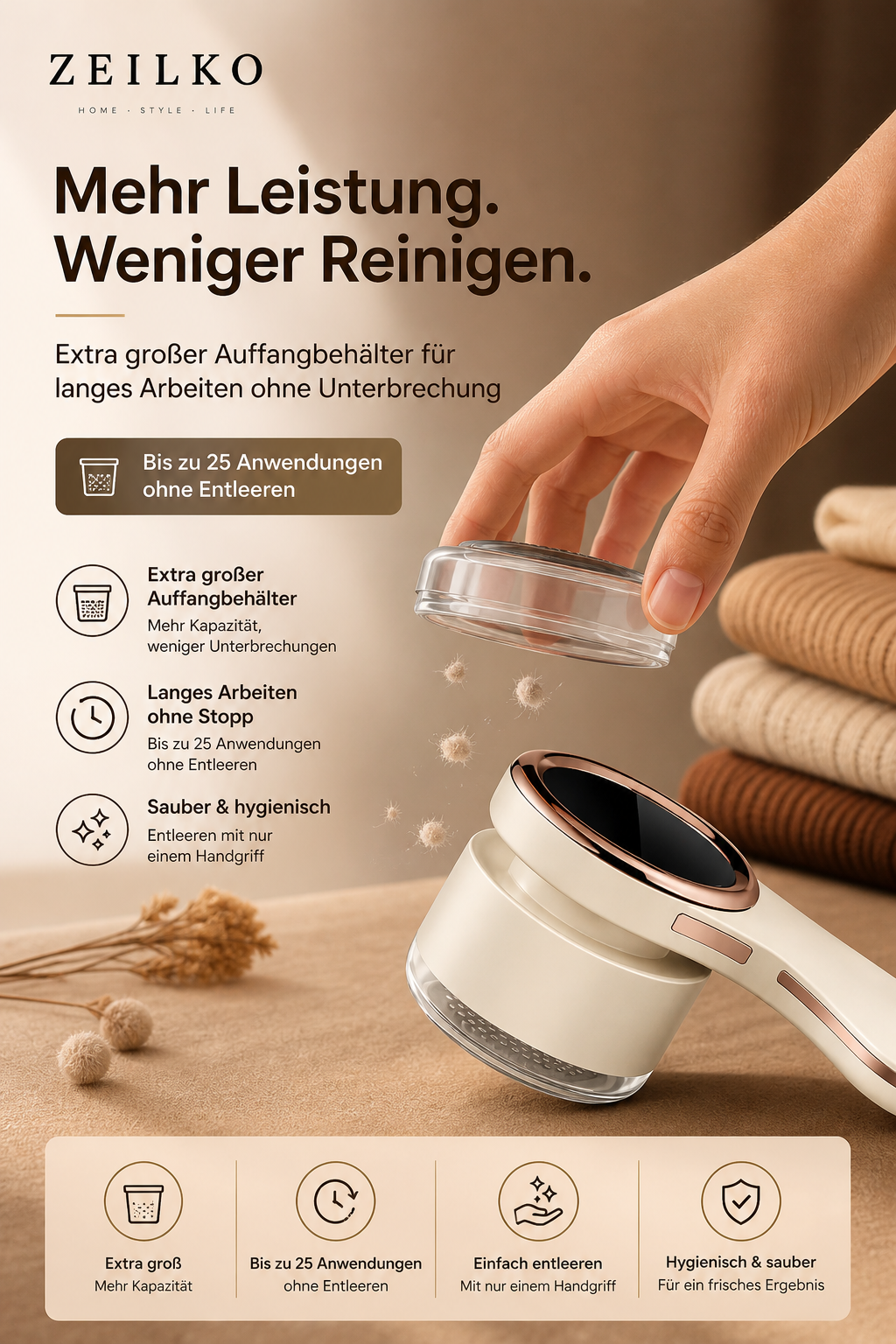 ZEILKO elektrischer Fusselentferner mit 6 Klingen, Titan-Schutzgitter und LCD-Display für präzise Textilpflege
