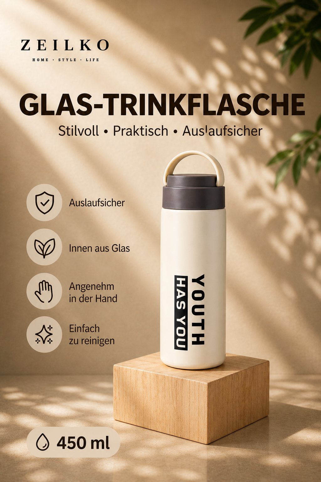 ZEILKO Glas-Trinkflasche 450ml in Mittelgrün – auslaufsicher, leicht und ideal für Sport und Alltag