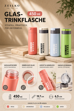ZEILKO Glas-Trinkflasche 450ml in Mittelgrün – auslaufsicher, leicht und ideal für Sport und Alltag