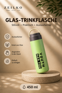 ZEILKO Glas-Trinkflasche 450ml in Mittelgrün – auslaufsicher, leicht und ideal für Sport und Alltag