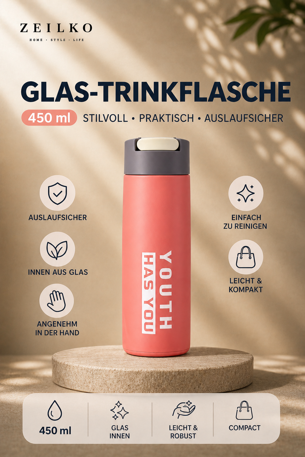 ZEILKO Glas-Trinkflasche 450ml in Mittelgrün – auslaufsicher, leicht und ideal für Sport und Alltag