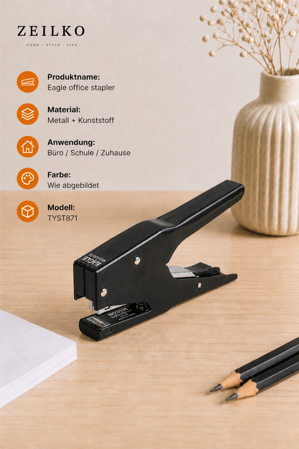 ZEILKO kraftsparender Hand-Hefttacker GripTac Pro schwarz mit hoher Kapazität für Papier, Karton, Stoff, Büro und Zuhause