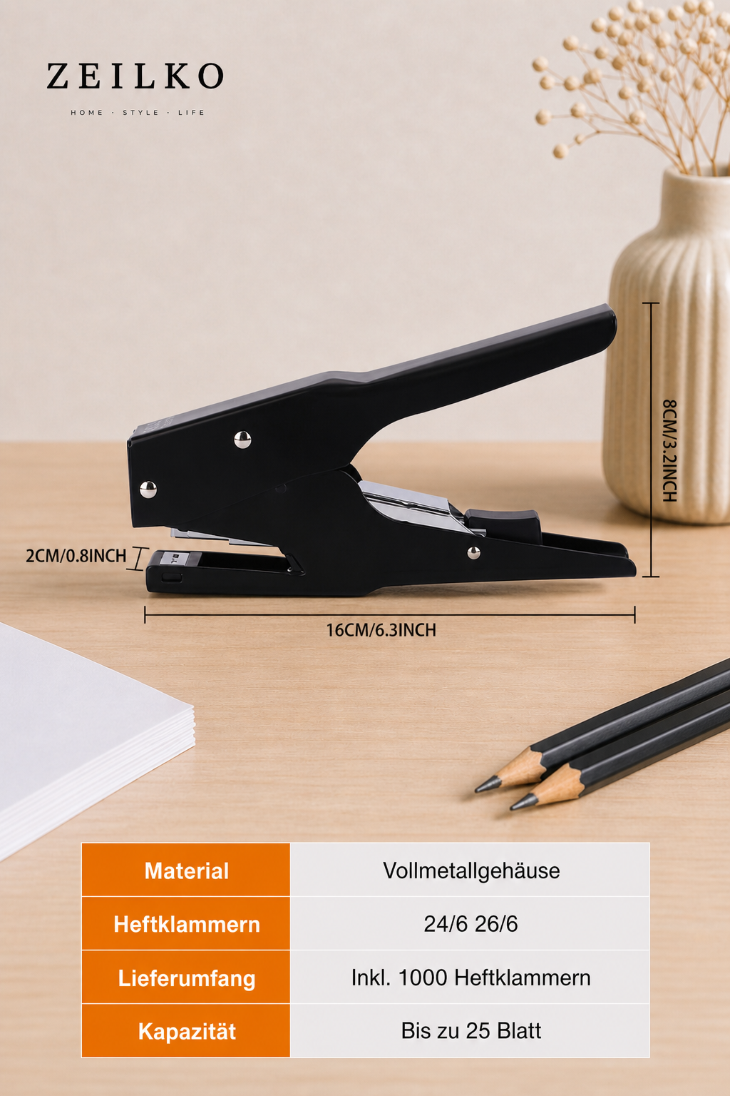 ZEILKO kraftsparender Hand-Hefttacker GripTac Pro schwarz mit hoher Kapazität für Papier, Karton, Stoff, Büro und Zuhause