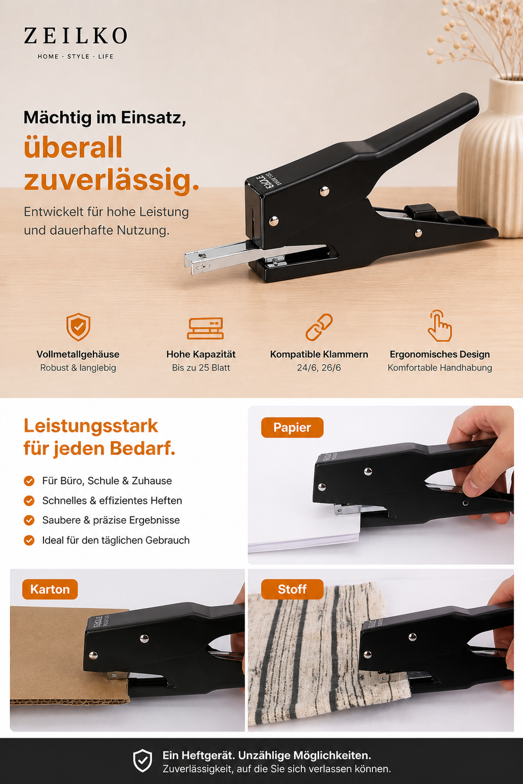 ZEILKO kraftsparender Hand-Hefttacker GripTac Pro schwarz mit hoher Kapazität für Papier, Karton, Stoff, Büro und Zuhause