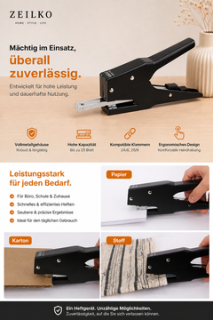 ZEILKO kraftsparender Hand-Hefttacker GripTac Pro schwarz mit hoher Kapazität für Papier, Karton, Stoff, Büro und Zuhause