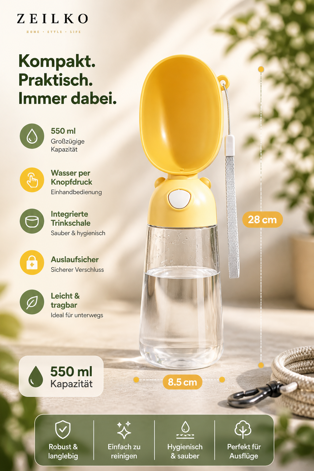ZEILKO Hunde-Trinkflasche 550ml in Gelb – mit integrierter Trinkschale, einfach per Knopfdruck zu bedienen
