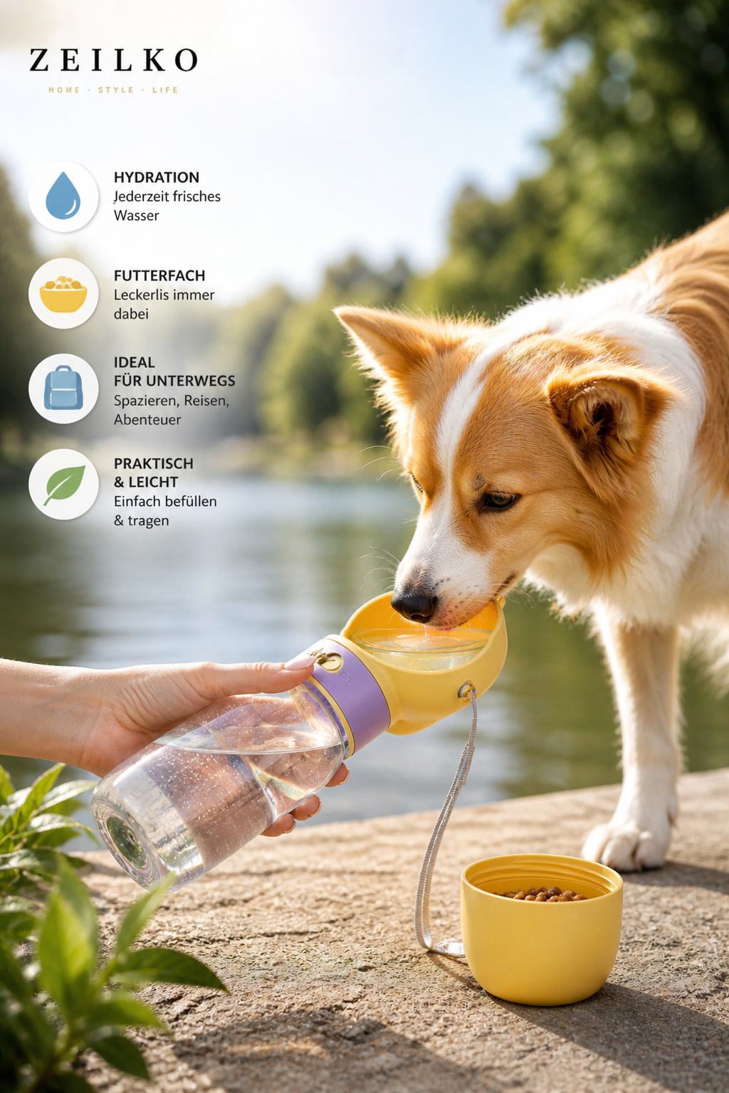 ZEILKO Hunde-Trinkflasche 550ml in Gelb – 2-in-1 mit integriertem Futterfach und Trinkschale für Spaziergänge