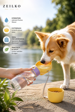 ZEILKO Hunde-Trinkflasche 550ml in Gelb – 2-in-1 mit integriertem Futterfach und Trinkschale für Spaziergänge