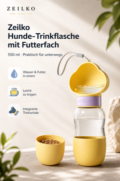 ZEILKO Hunde-Trinkflasche 550ml in Gelb – 2-in-1 mit integriertem Futterfach und Trinkschale für Spaziergänge