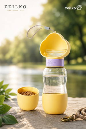 ZEILKO Hunde-Trinkflasche 550ml in Gelb – 2-in-1 mit integriertem Futterfach und Trinkschale für Spaziergänge