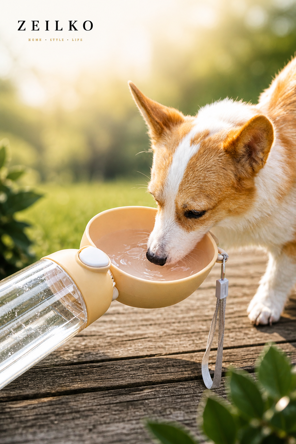 ZEILKO Hunde-Trinkflasche 550ml in Gelb – mit integrierter Trinkschale, einfach per Knopfdruck zu bedienen