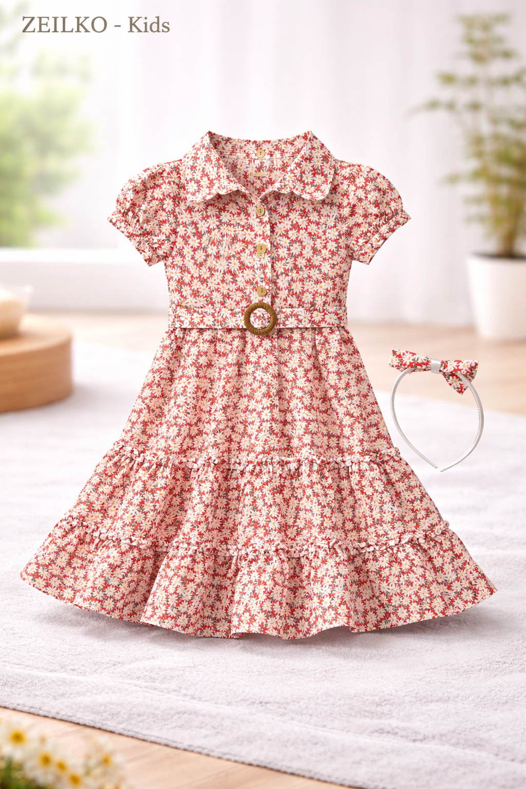 ZEILKO Kids Mädchen Blumenkleid in Rot-Weiß Gänseblümchen-Print mit Gürtel und passendem Haarband