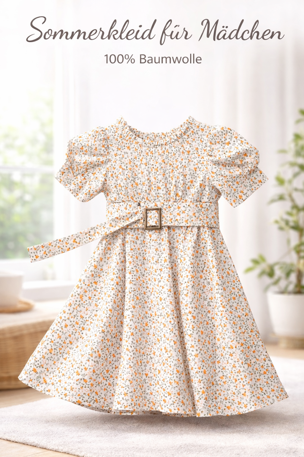 ZEILKO Kids Mädchen Sommerkleid in Creme-Orange mit Blumenmuster, Puffärmeln und Gürtel, 100% Baumwolle