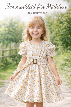 ZEILKO Kids Mädchen Sommerkleid in Creme-Orange mit Blumenmuster, Puffärmeln und Gürtel, 100% Baumwolle